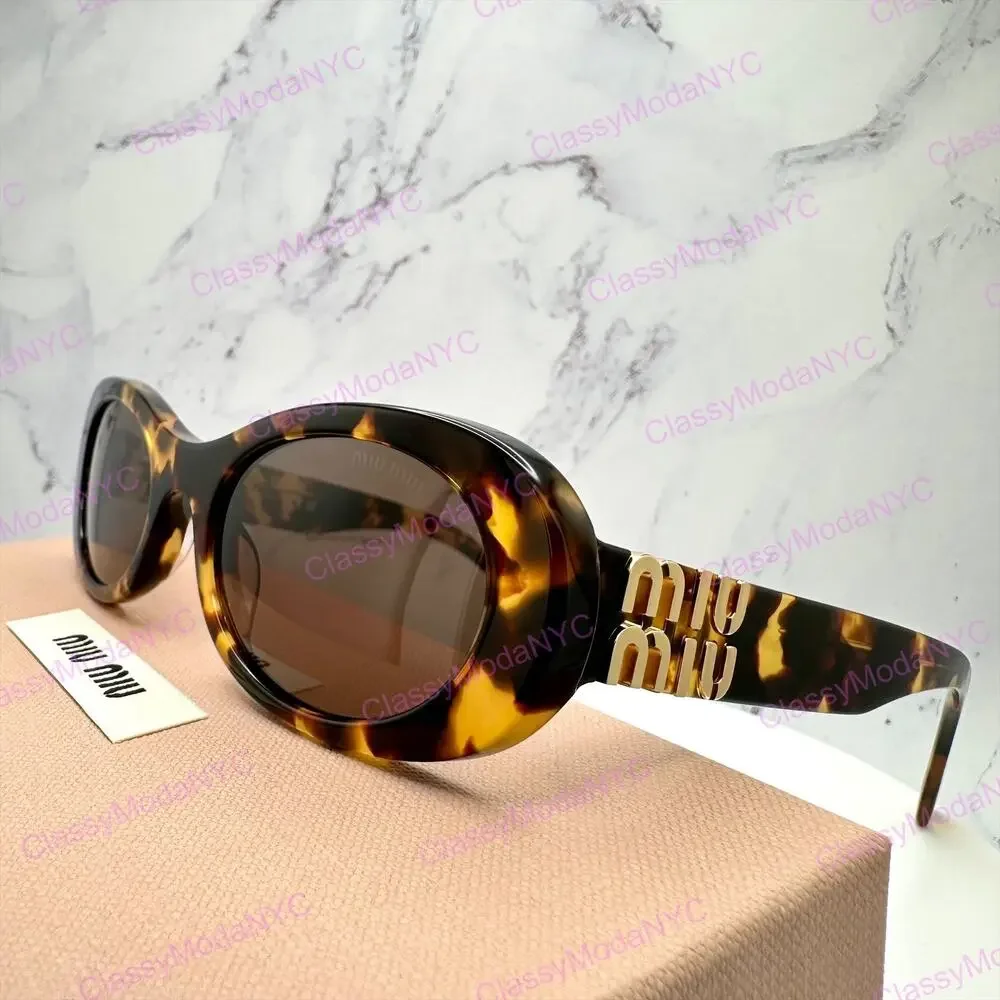 NEW MIU MIU Sunglasses Brown Oval Gold Spelled Out Logo New Authentic Tortoise